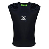 The Gilbert Vapour Vest is a black, sleeveless rugby shoulder pad shirt designed with molded padded sections on the shoulders for superior impact absorption, crafted as a breathable base layer and finished with a white Gilbert logo on the chest.