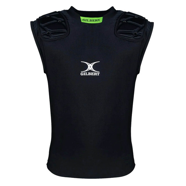 The Gilbert Vapour Vest is a black, sleeveless rugby shoulder pad shirt designed with molded padded sections on the shoulders for superior impact absorption, crafted as a breathable base layer and finished with a white Gilbert logo on the chest.
