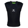 The Gilbert Vapour Vest is a black, sleeveless rugby shoulder pad shirt designed with molded padded sections on the shoulders for superior impact absorption, crafted as a breathable base layer and finished with a white Gilbert logo on the chest.