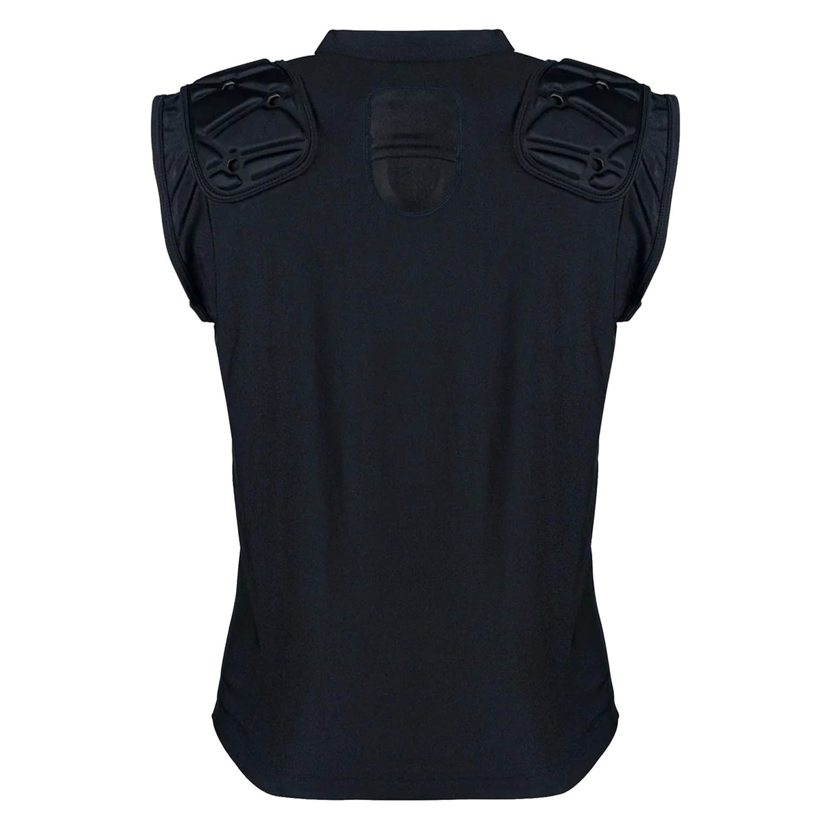 The Vapour Vest by Gilbert is a black, sleeveless protective vest shown from the back, featuring padded shoulder areas and a smooth fabric design. This rugby body armor by Gilbert provides excellent impact absorption while remaining comfortable and breathable enough to wear as a base layer.