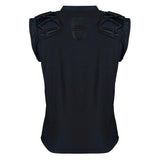 The Vapour Vest by Gilbert is a black, sleeveless protective vest shown from the back, featuring padded shoulder areas and a smooth fabric design. This rugby body armor by Gilbert provides excellent impact absorption while remaining comfortable and breathable enough to wear as a base layer.