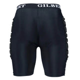 Gilbert XP25 Protective Shorts in black, featuring side padding and "GILBERT" branding on the waistband, seen from the back and designed to provide reliable compression and impact protection.