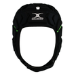 Front view of the black Gilbert Fusion 3-32 Headguard with a white logo and green accents, offering headguard safety and superior impact absorption with Crash Cloud Technology.