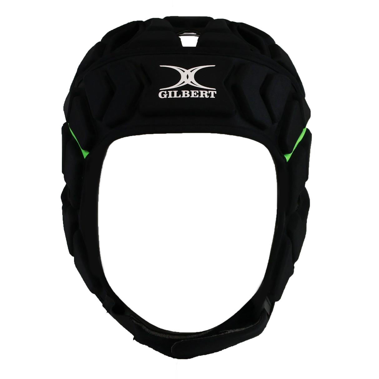 Front view of the black Gilbert Fusion 3-32 Headguard with a white logo and green accents, offering headguard safety and superior impact absorption with Crash Cloud Technology.