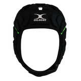 Front view of the black Gilbert Fusion 3-32 Headguard with a white logo and green accents, offering headguard safety and superior impact absorption with Crash Cloud Technology.