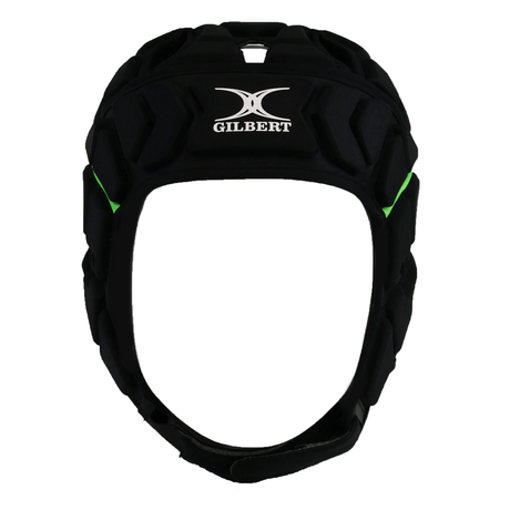 Black and green Gilbert Fusion 3-32 headguard with segmented padded panels and ventilation openings.