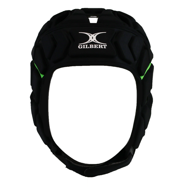 Front view of the black Gilbert Fusion 3-32 Headguard with a white logo and green accents, offering headguard safety and superior impact absorption with Crash Cloud Technology.