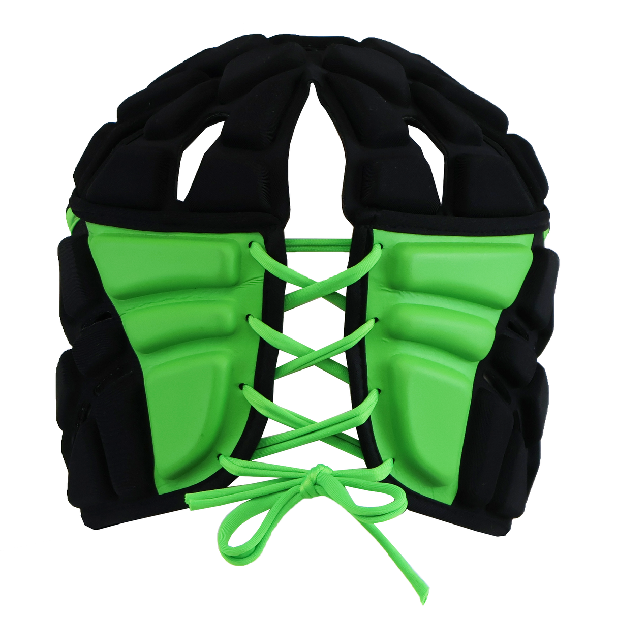 The Fusion 3-32 Headguard by Gilbert is a black and green padded headguard with lace-up front closure, designed for protection or costumes and features impact absorption for enhanced safety.