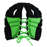 The Fusion 3-32 Headguard by Gilbert is a black and green padded headguard with lace-up front closure, designed for protection or costumes and features impact absorption for enhanced safety.