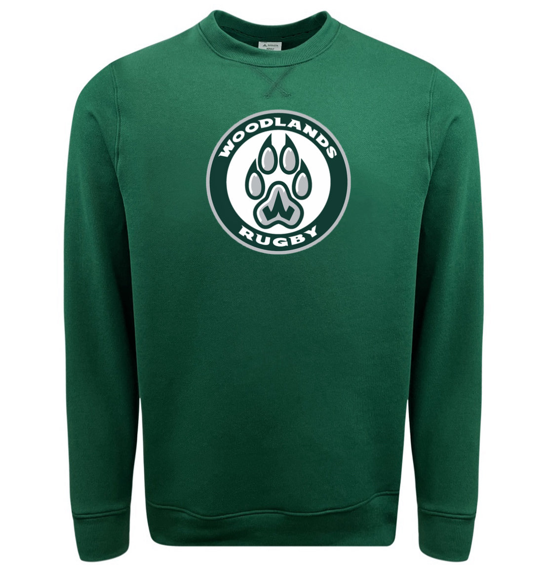 The WRS Augusta Woodlands Youth Paw Print Crewneck Sweatshirt is a green athletic fleece featuring a front circular "Woodlands Rugby" logo with a central paw print.