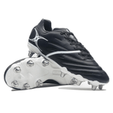 A pair of Gilbert Sidestep X20 8S Power SG rugby boots in black and white, with metal studs ideal for soft ground, displayed with one shoe standing upright and the other resting on its side.