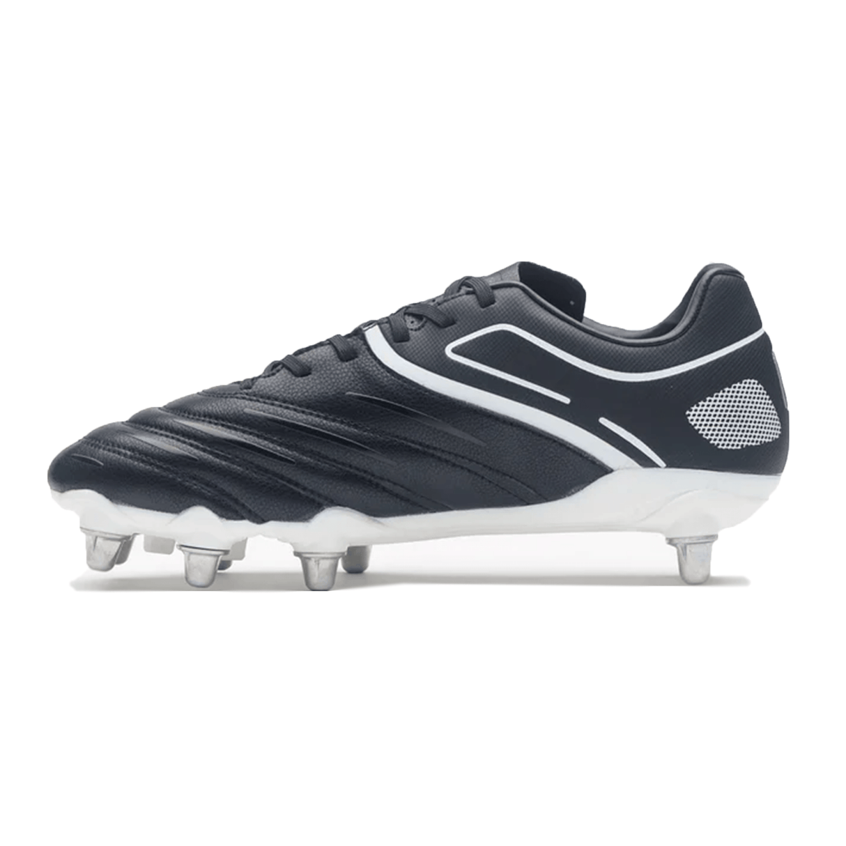 The Gilbert Sidestep X20 8S Power SG - Black/White soccer cleat, featuring metal studs and designed for soft ground, is displayed on a plain white background.