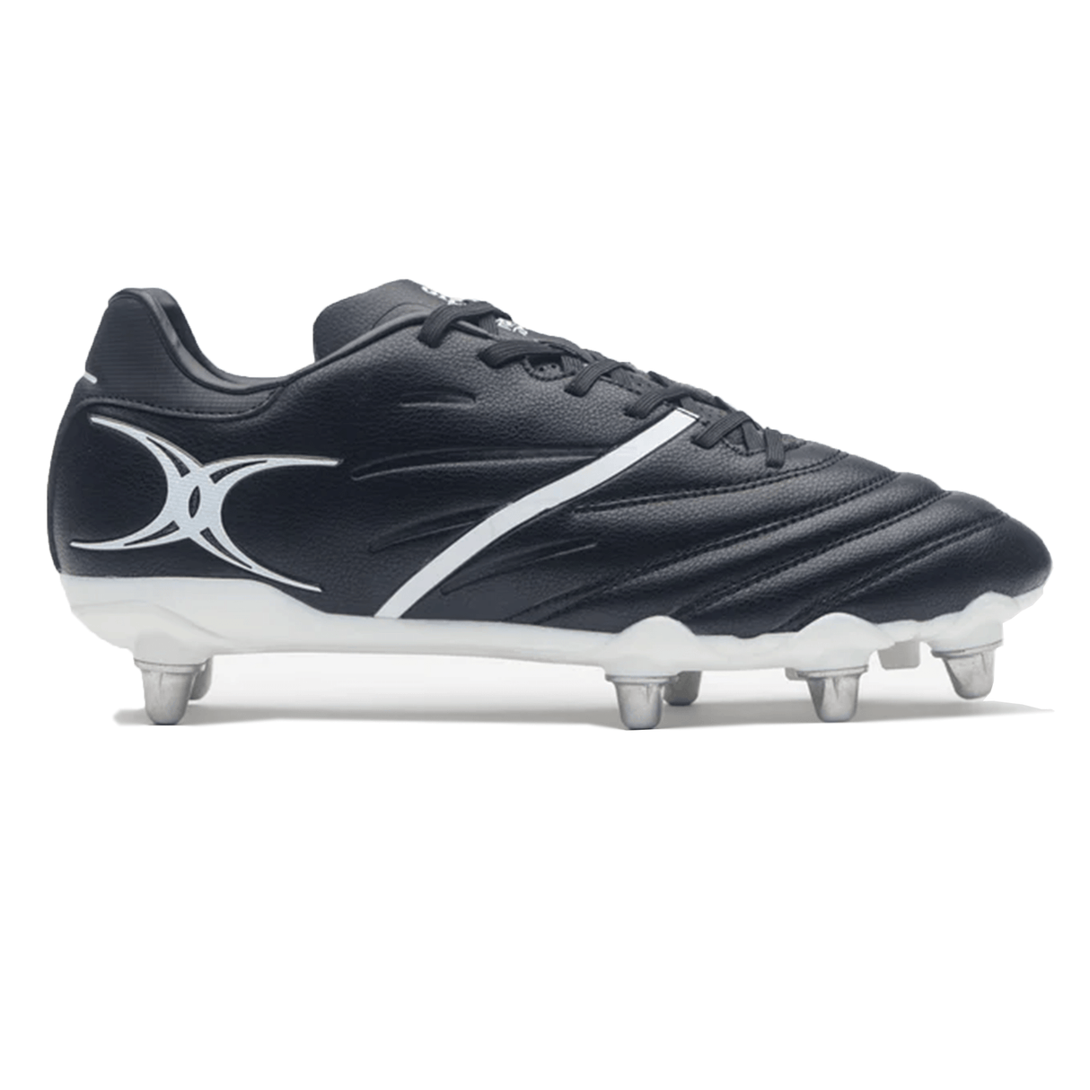 The Gilbert Sidestep X20 8S Power SG - Black/White is a high-performance rugby boot featuring black with white accents and metal studs, designed specifically for soft ground, showcased on a white background.