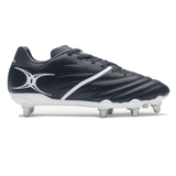 The Gilbert Sidestep X20 8S Power SG - Black/White is a high-performance rugby boot featuring black with white accents and metal studs, designed specifically for soft ground, showcased on a white background.