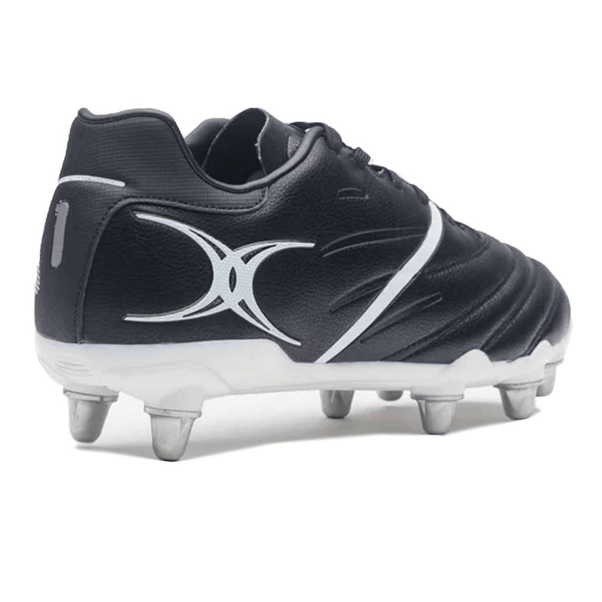 The Gilbert Sidestep X20 8S Power SG - Black/White is a sports cleat with metal studs, designed for soft ground surfaces to enhance power performance.