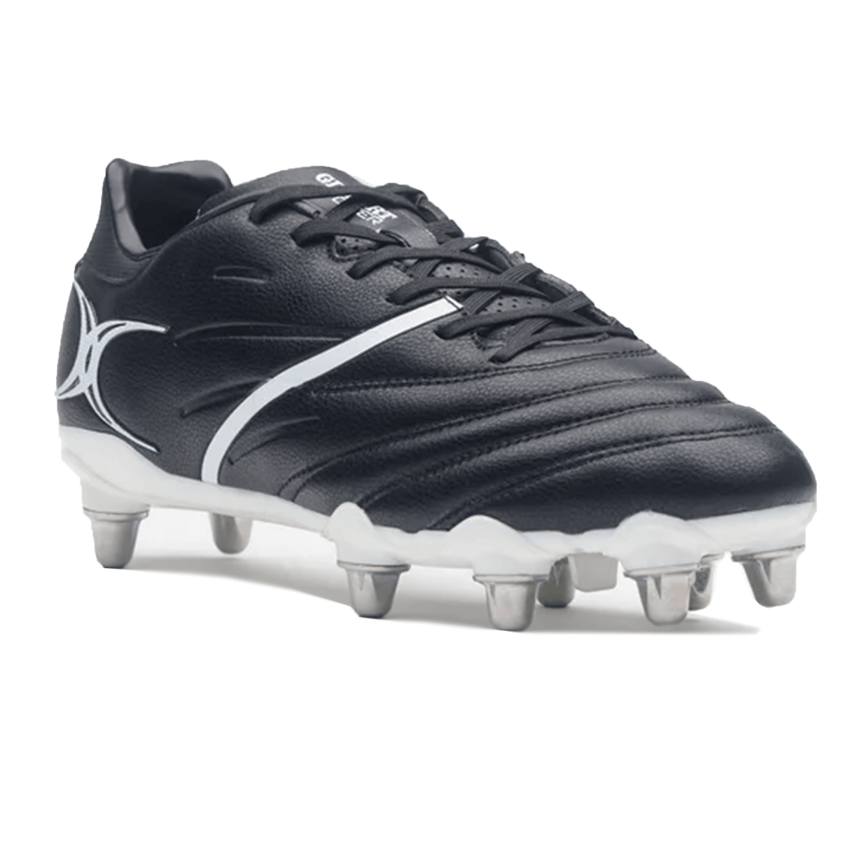 The Gilbert Sidestep X20 8S Power SG in black and white, featuring metal studs, is designed by Gilbert for power performance on soft ground.