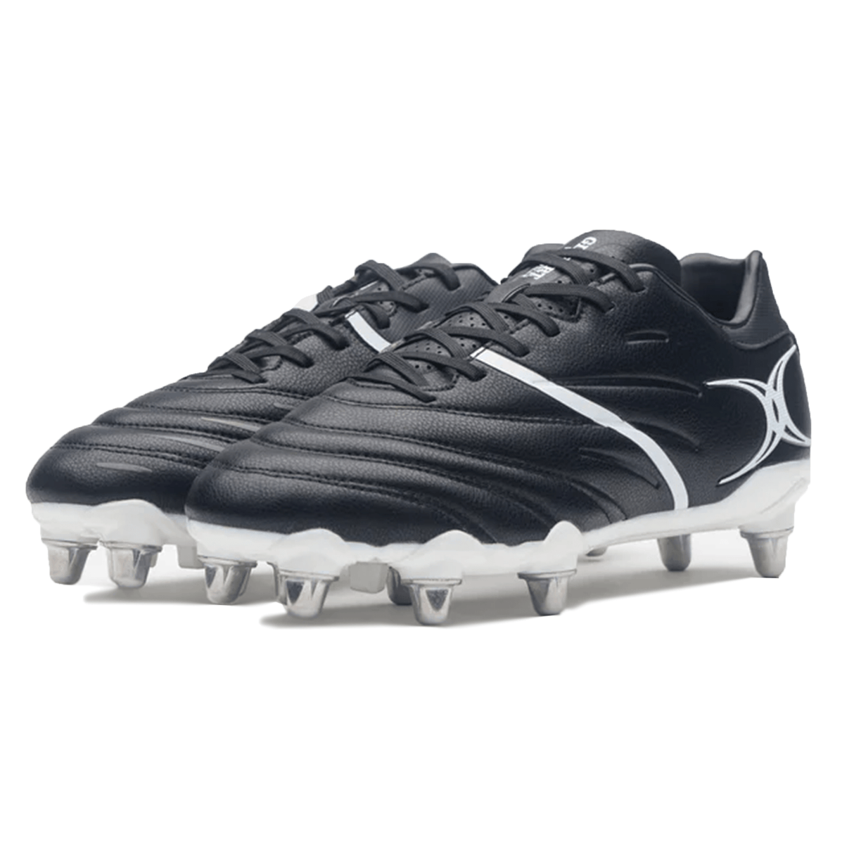 The Gilbert Sidestep X20 8S Power SG - Black/White are soccer cleats featuring a textured upper and a white sole, designed for power performance on the field.