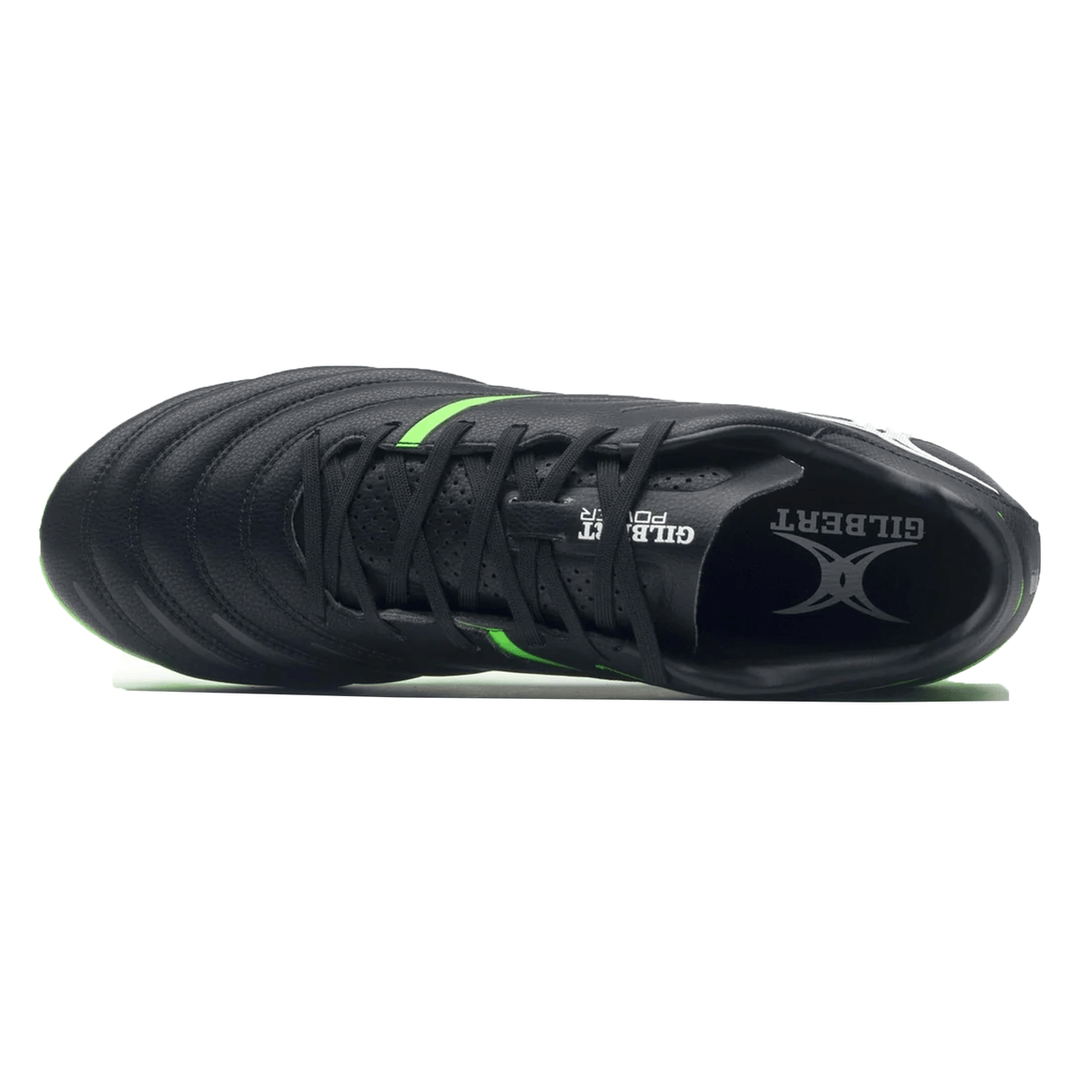 Top view of the Gilbert Sidestep X20 8S Power SG in black with a fizz green stripe, featuring the brand name "GILBERT" on the insole. Designed as rugby boots for soft ground, they offer excellent stability and traction.