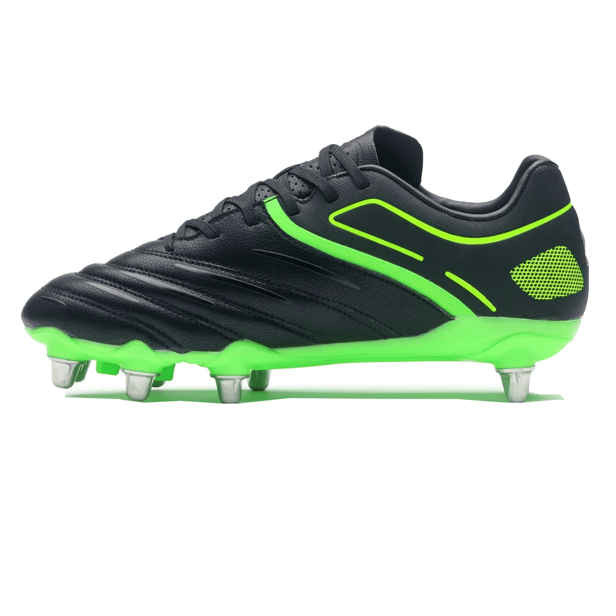 Introducing the Gilbert Sidestep X20 8S Power SG - Black/Fizz Green, a soccer cleat featuring a BioFrame 8 stud outsole, perfect for playing on grass fields.