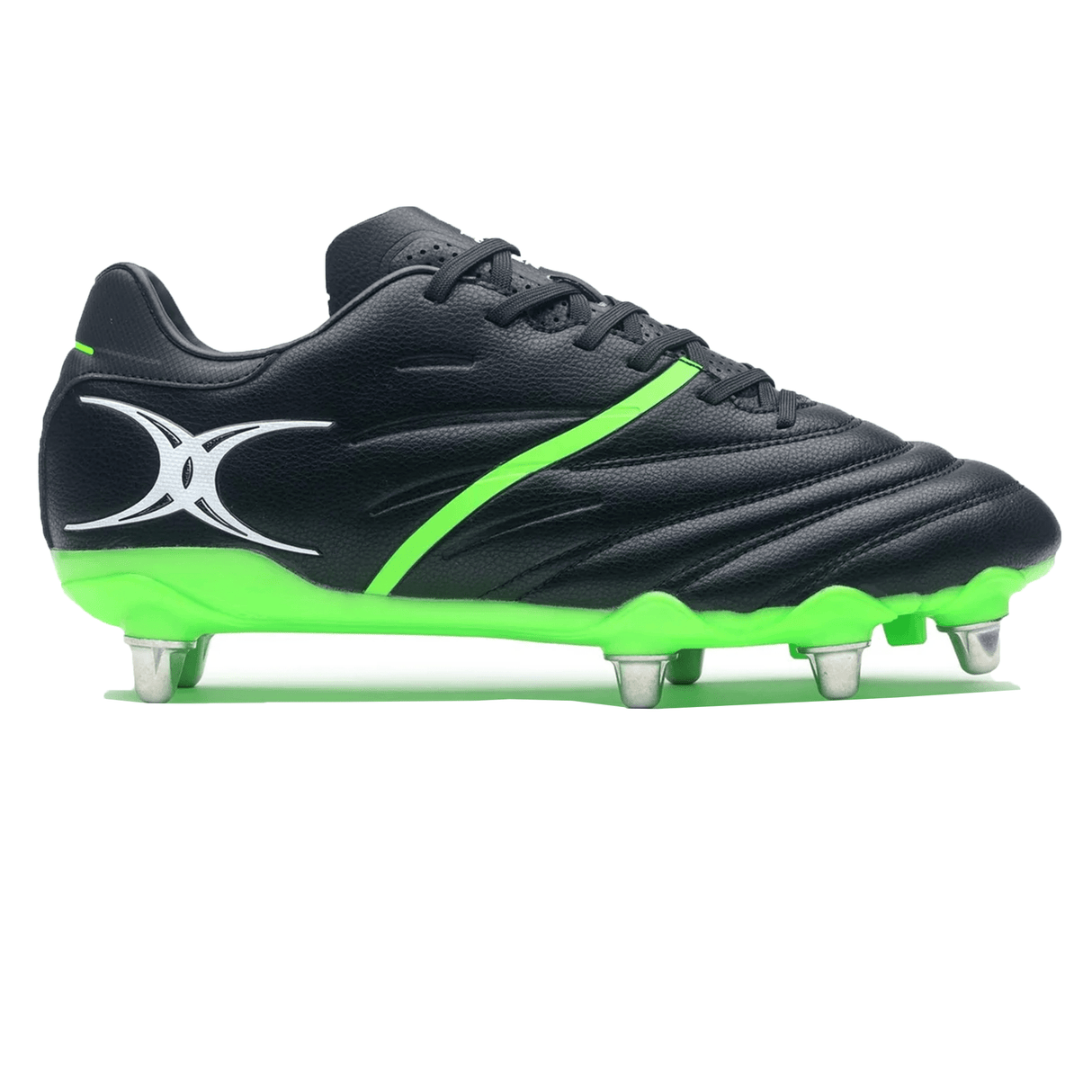 Introducing the Gilbert Sidestep X20 8S Power SG in Black/Fizz Green—a high-performance boot featuring neon green accents and a BioFrame 8 stud outsole, ideal for rugby players.