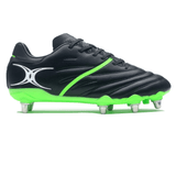 Introducing the Gilbert Sidestep X20 8S Power SG in Black/Fizz Green—a high-performance boot featuring neon green accents and a BioFrame 8 stud outsole, ideal for rugby players.