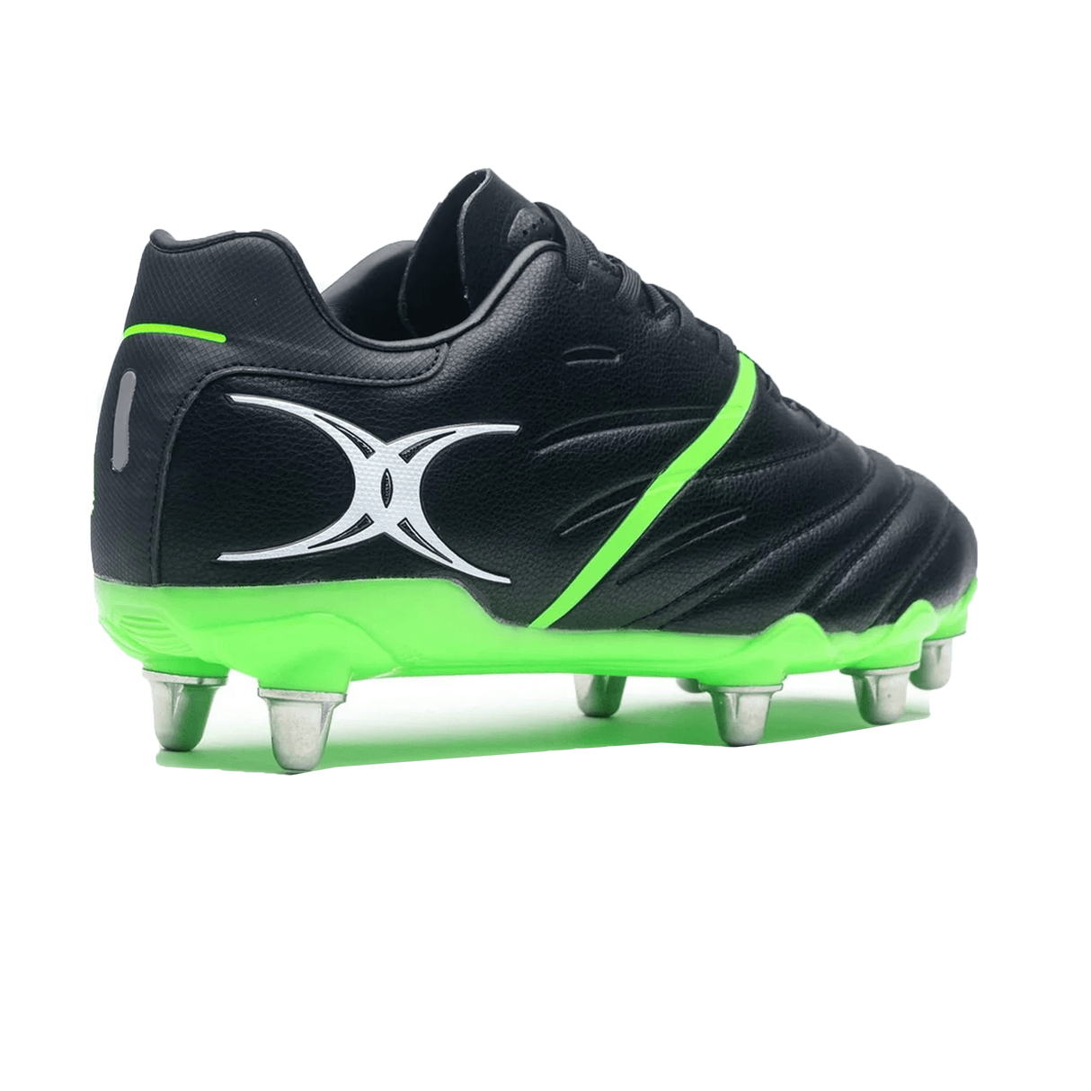 The Gilbert Sidestep X20 8S Power SG in Black/Fizz Green features a BioFrame 8 stud outsole, laces on top, and a white design on the side.