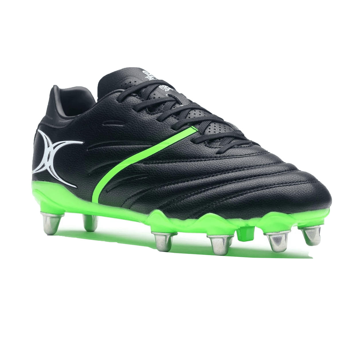 A black and fizz green Gilbert Sidestep X20 8S Power SG soccer cleat with silver studs on the sole offers superb stability and traction.