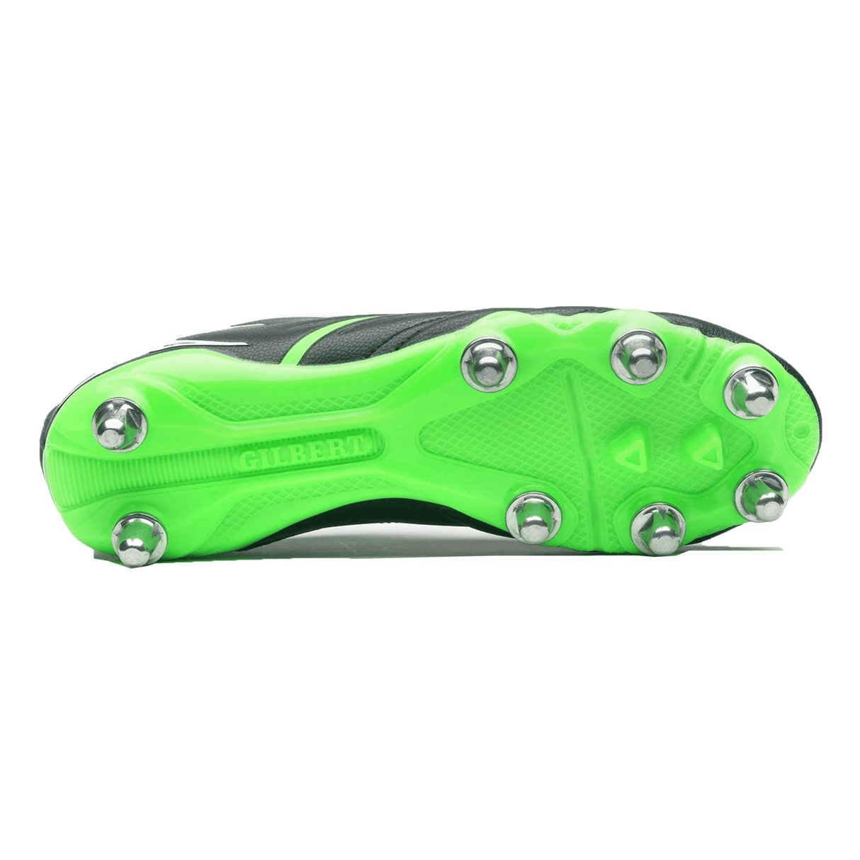 The image displays the underside of the Gilbert Sidestep X20 8S Power SG rugby boots in black with a vibrant fizz green sole, featuring six metallic studs designed for exceptional stability and traction. The sole proudly showcases the brand name "GILBERT," making these boots ideal for soft ground conditions.