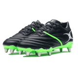 The Gilbert Sidestep X20 8S Power SG rugby boots in black and fizz green, featuring a white logo on the sides and metal studs, offer exceptional stability and traction, isolated on a white background.