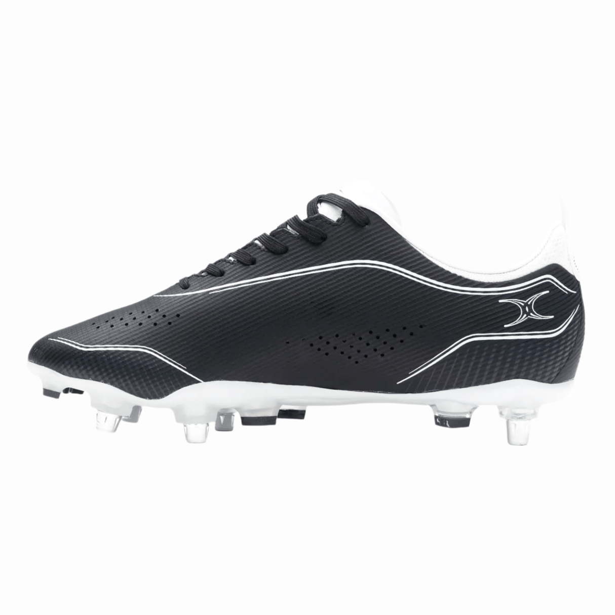 The Gilbert Cage Pace Pro 6S SG - Black/White soccer cleat features black with white accents and metal studs, designed for firm ground play and delivering the same high-performance quality as seen in Gilbert’s rugby boots.