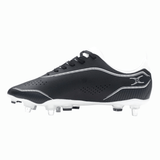 The Gilbert Cage Pace Pro 6S SG - Black/White soccer cleat features black with white accents and metal studs, designed for firm ground play and delivering the same high-performance quality as seen in Gilbert’s rugby boots.