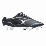 A black Gilbert Cage Pace Pro 6S SG soccer cleat with white accents and a white logo, featuring metal studs on the sole for enhanced grip, inspired by rugby performance excellence.