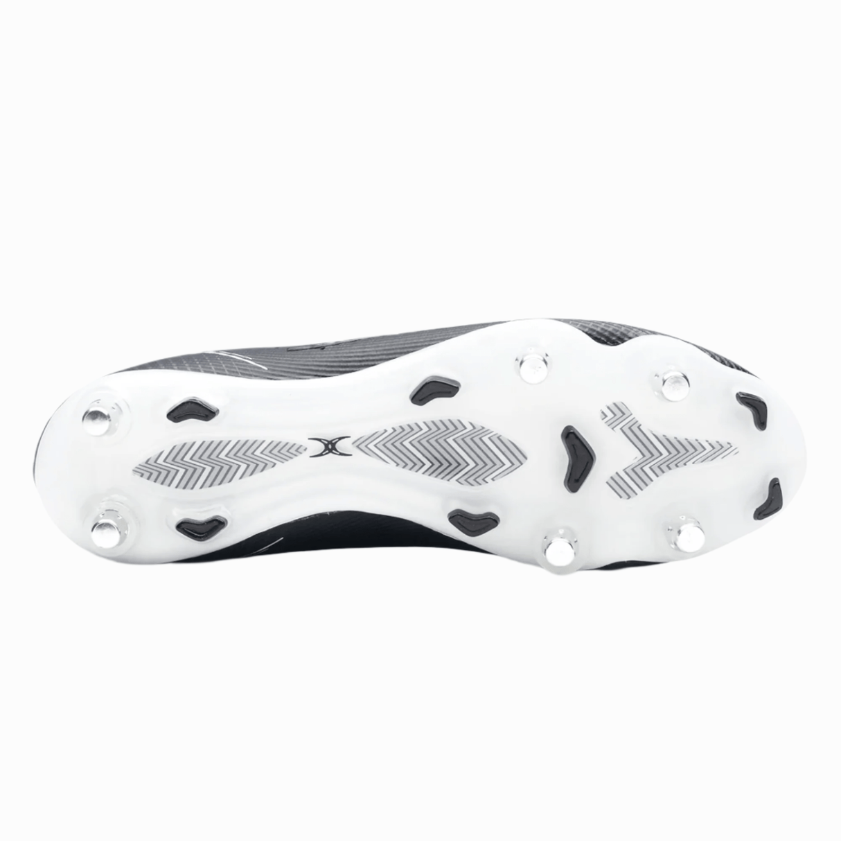 The image depicts the sole of a Gilbert Cage Pace Pro 6S SG rugby boot from Gilbert, showcasing both conical and bladed studs strategically arranged for enhanced traction. The predominantly white sole features grey and black accents, engineered to deliver peak rugby performance.