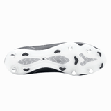 The image depicts the sole of a Gilbert Cage Pace Pro 6S SG rugby boot from Gilbert, showcasing both conical and bladed studs strategically arranged for enhanced traction. The predominantly white sole features grey and black accents, engineered to deliver peak rugby performance.