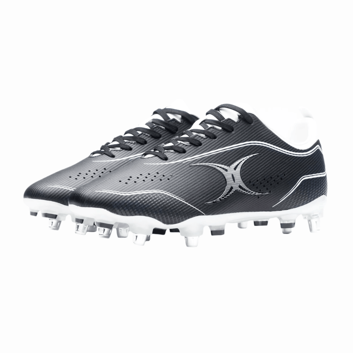 A pair of Gilbert Cage Pace Pro 6S SG soccer cleats in black and white, designed with metal studs and made from advanced materials by Gilbert, showcased on a white background.