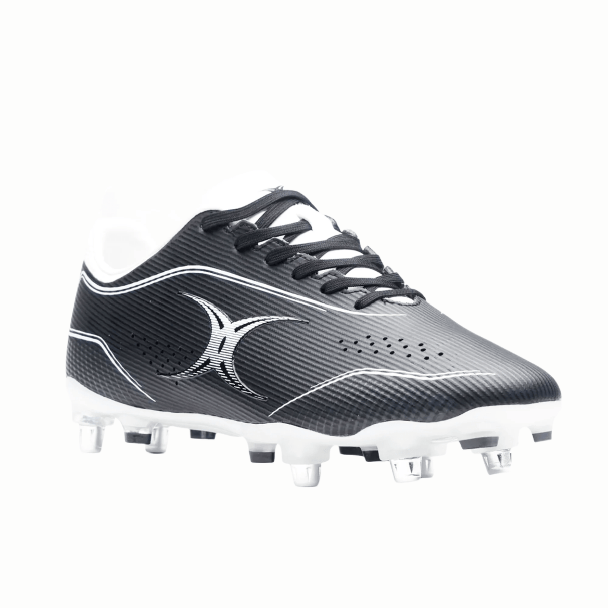 Gilbert Cage Pace Pro 6S SG soccer cleats in black and white with metallic studs on a white background.