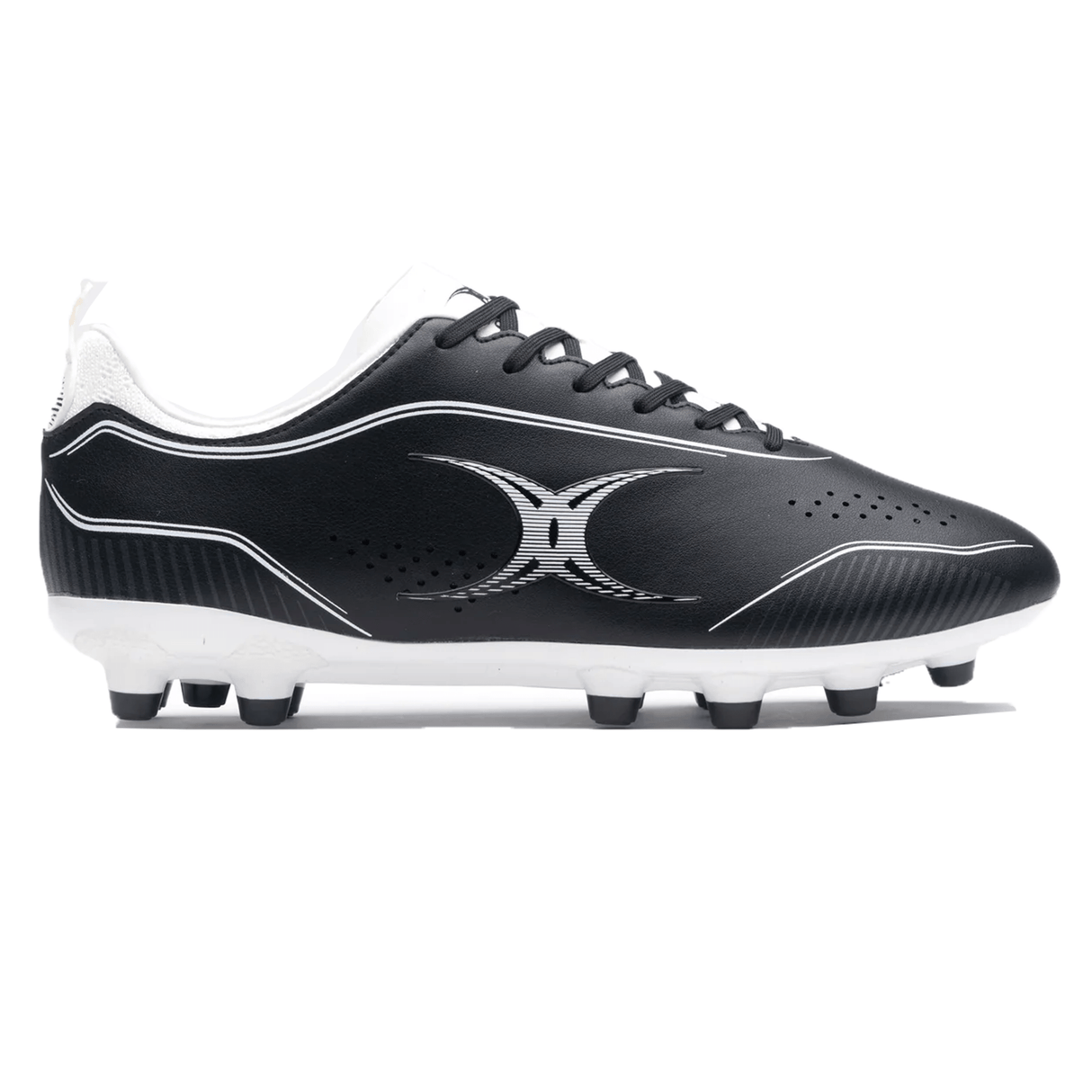 Side view of the Gilbert Cage Torq MSX FG - Black/White soccer cleat featuring white laces and small black studs on a white multi-surface sole. The shoe boasts a white logo with curved lines on the side, evoking the distinctive style of Gilbert's rugby boots.