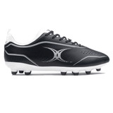 Side view of the Gilbert Cage Torq MSX FG - Black/White soccer cleat featuring white laces and small black studs on a white multi-surface sole. The shoe boasts a white logo with curved lines on the side, evoking the distinctive style of Gilbert's rugby boots.