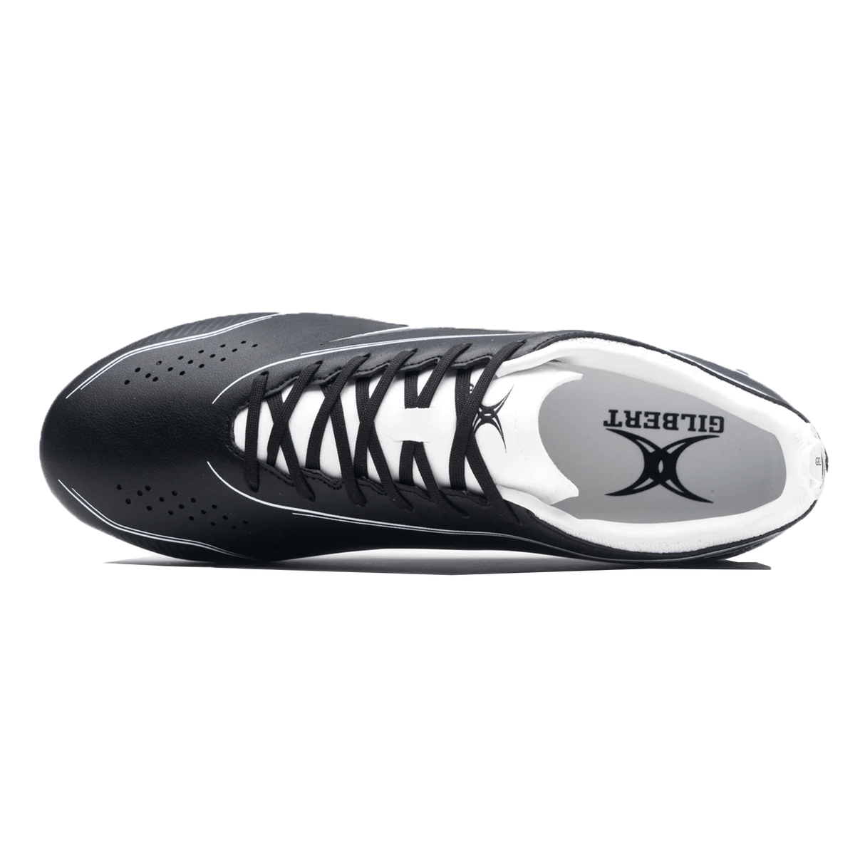 Top view of a black cycling shoe with a white interior, featuring the brand name "Gilbert" inside. The Gilbert Cage Torq MSX FG - Black/White shoe has a lace-up closure, perforations for ventilation, and a multi-surface sole for versatile use.