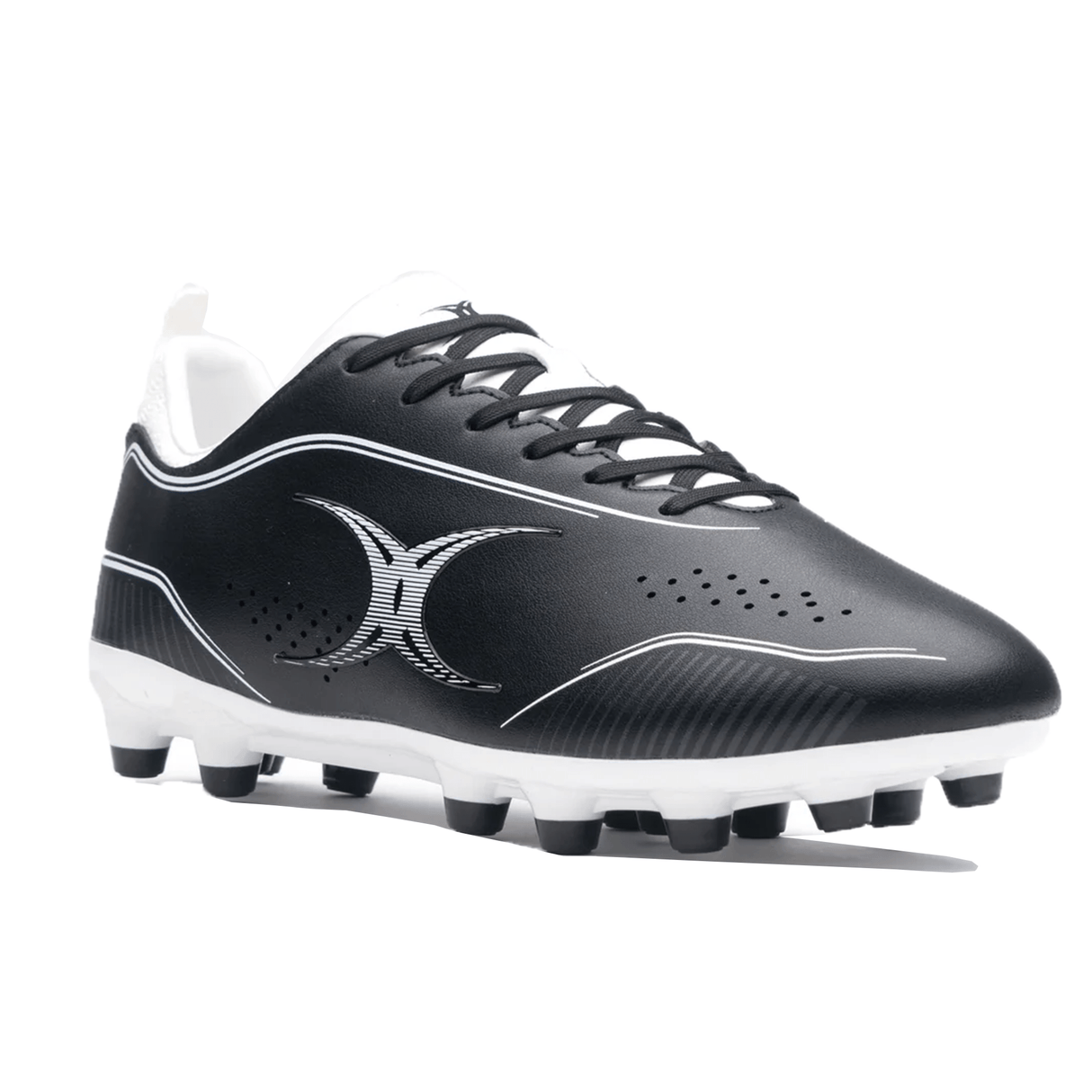 The Gilbert Cage Torq MSX FG - Black/White soccer cleat by Gilbert boasts a sleek, modern design featuring a large 'X' logo on the side and a multi-surface sole for traction on various terrains.
