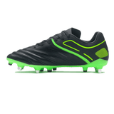 The Gilbert Sidestep X20 6S Power SG soccer cleats in black and fizz green boast metal studs on the sole, providing enhanced speed and agility for athletes on the field.