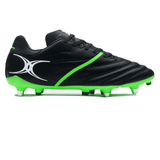 The Gilbert Sidestep X20 6S Power SG - Black/Fizz Green soccer cleat features a neon green sole and white accents, incorporating metal studs for enhanced speed and agility in a sleek design, making it ideal even for rugby boots.