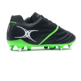 Introducing the Gilbert Sidestep X20 6S Power SG in Black/Fizz Green, a low-cut soccer cleat featuring metallic studs, white side detailing, and a Speedplate HYB outsole for enhanced traction.