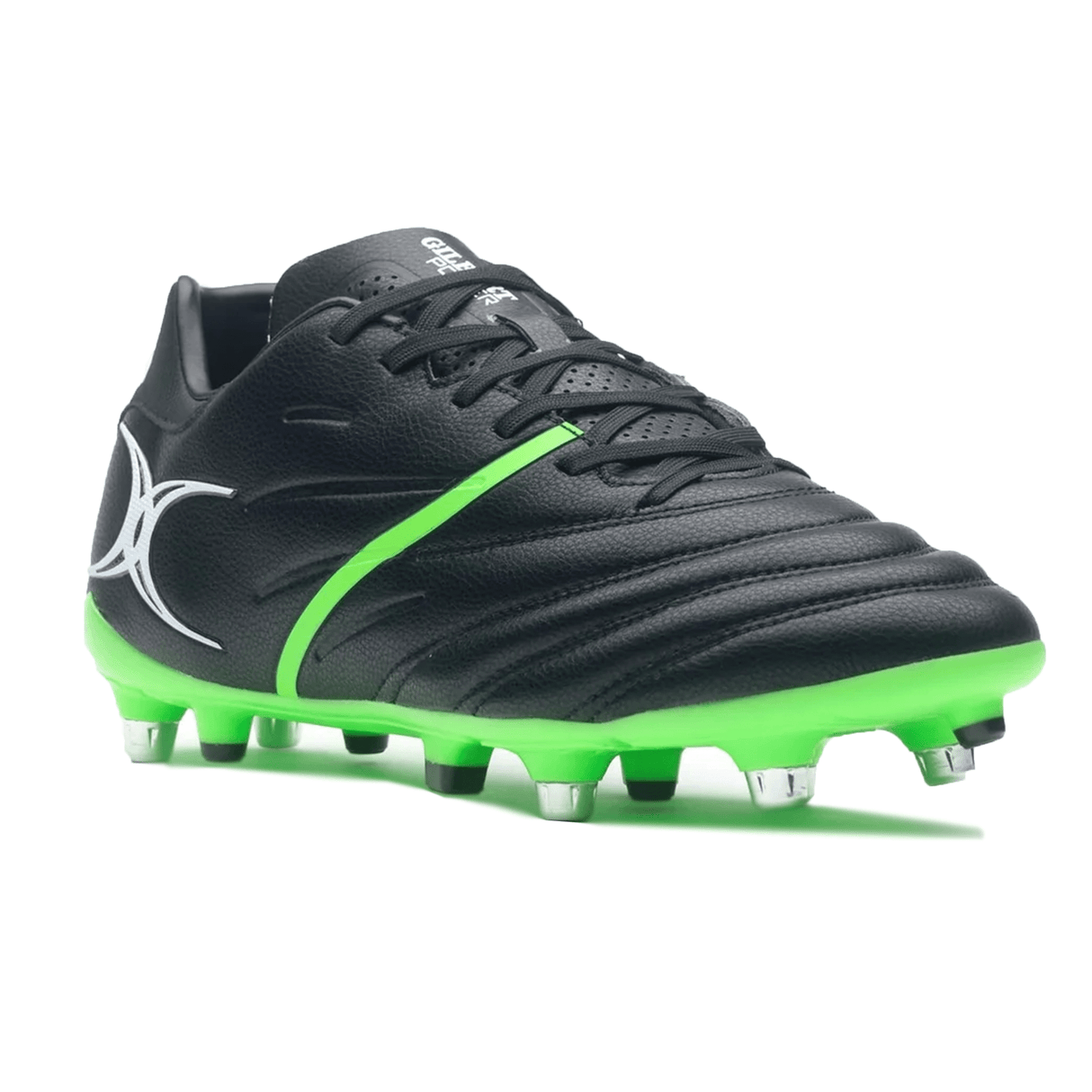A Gilbert Sidestep X20 6S Power SG boot in Black/Fizz Green, featuring metal studs and designed for rugby players seeking speed and agility, viewed from the side.