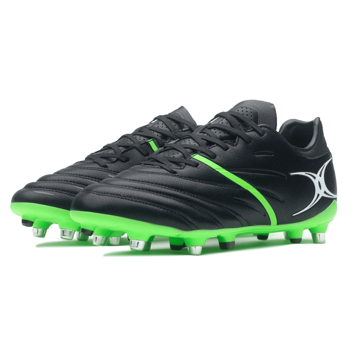 A pair of Gilbert Sidestep X20 6S Power SG boots in black with fizz green soles and silver accents, featuring studs on the bottom for traction, perfect for rugby players looking to enhance their speed and agility.