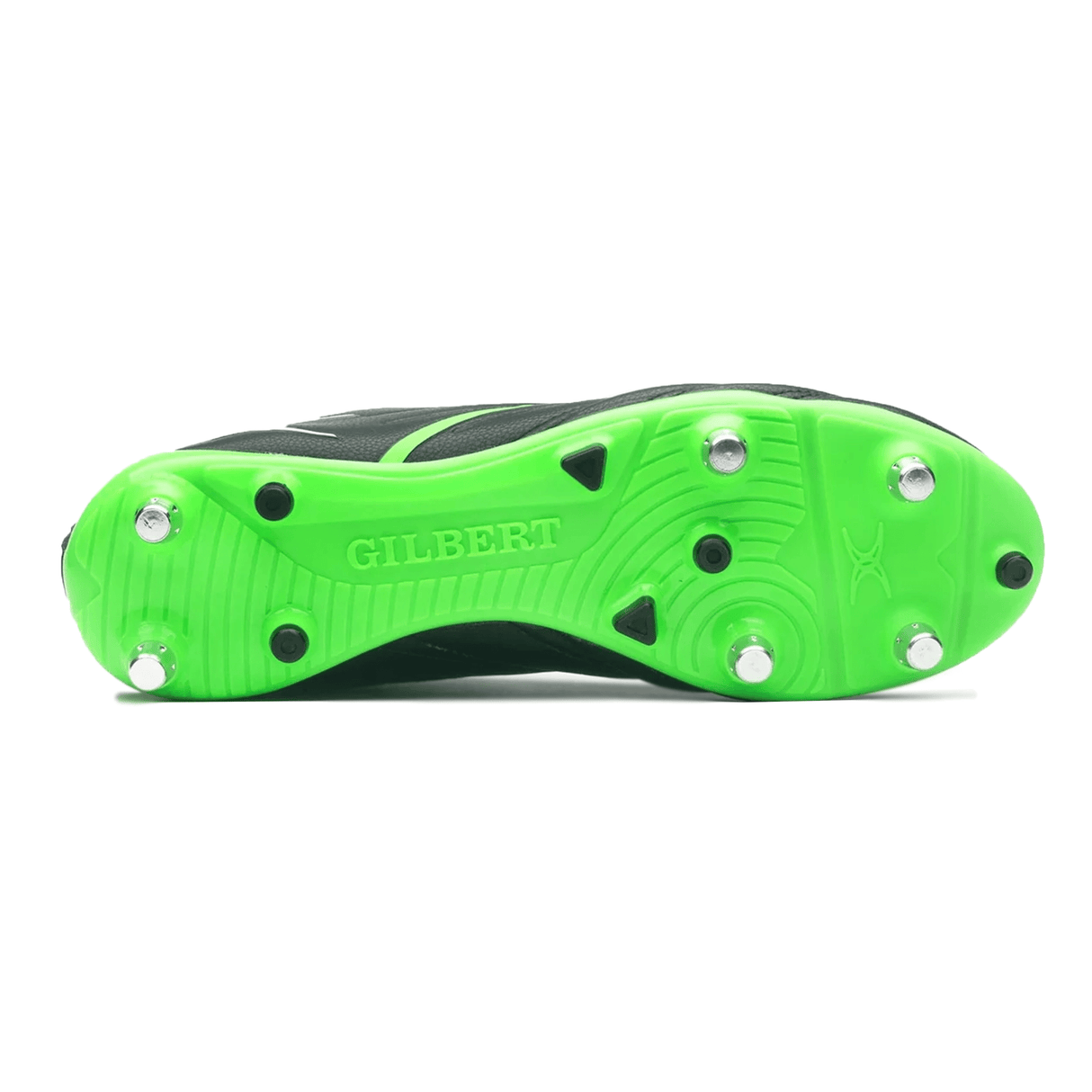 The image shows the green sole of a Gilbert Sidestep X20 6S Power SG rugby boot with metal studs and the word "Gilbert" embossed, designed for speed and agility.