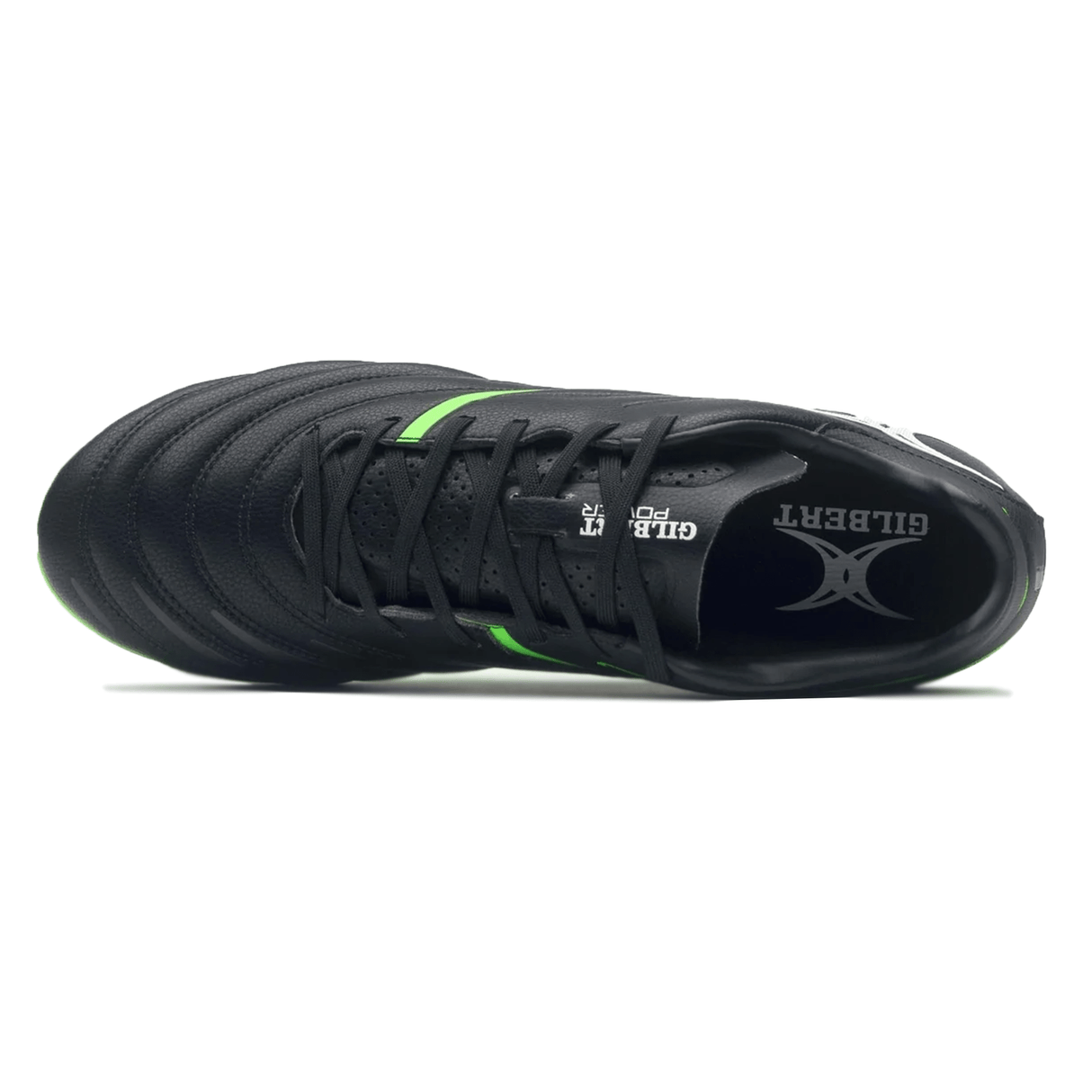 Top view of a black Gilbert Sidestep X20 6S Power SG boot with fizz green accents and a white Gilbert brand logo on the insole, designed for speed and agility.