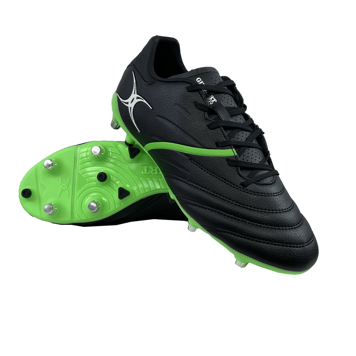 A pair of Gilbert Sidestep X20 6S Power SG soccer cleats in black and fizz green, with Speedplate HYB Outsole metal studs and featuring a white logo on the side. One cleat is displayed on top of the other to showcase both the upper and sole.