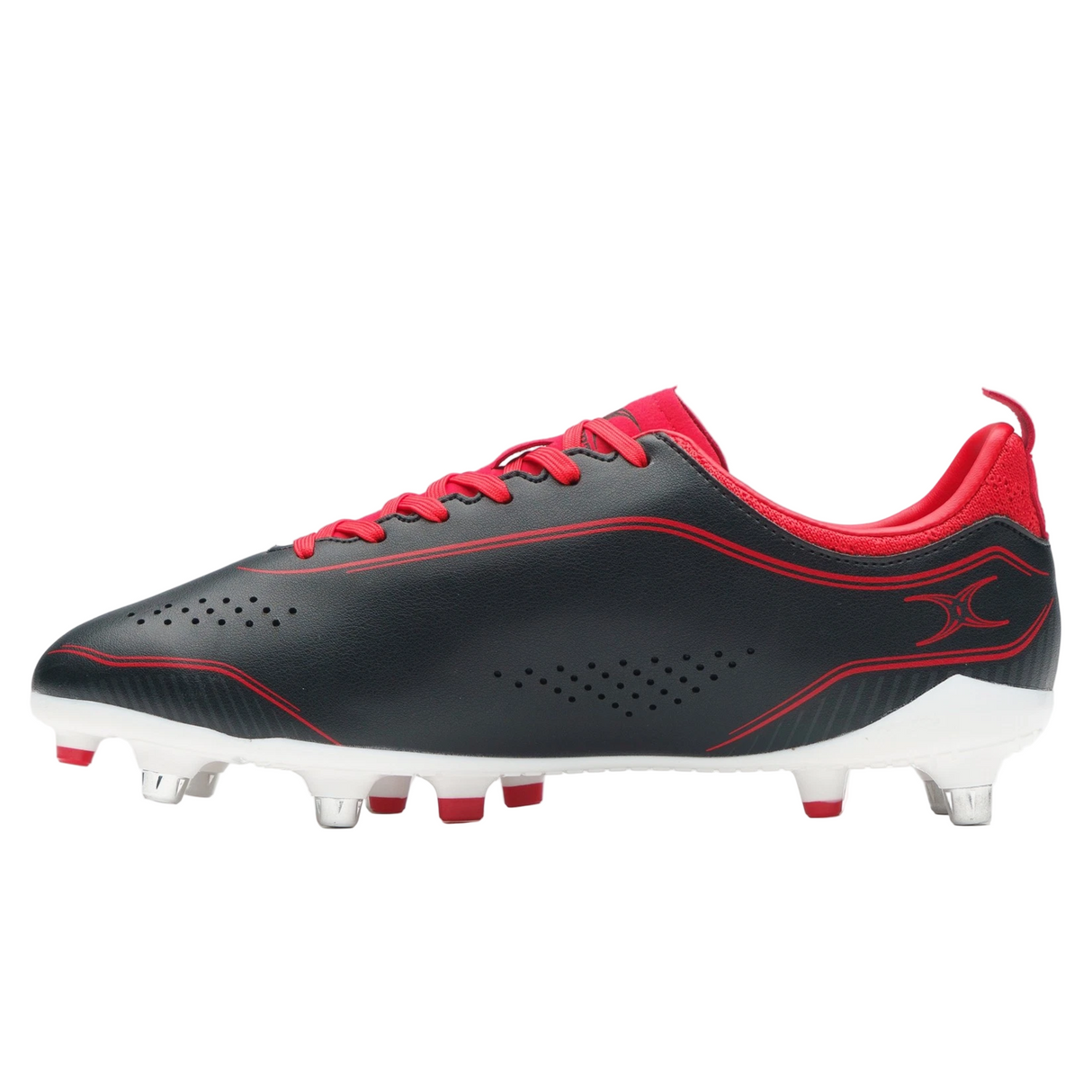 The Gilbert Cage Torq 6S SG - Black/Red by Gilbert features metal studs, red laces, and a white sole in a sleek side profile—perfect lightweight rugby boots for fast play on soft ground.