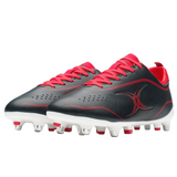 The Gilbert Cage Torq 6S SG rugby boots in black/red feature white soles, metal studs, and a stylized "X" design on the sides.